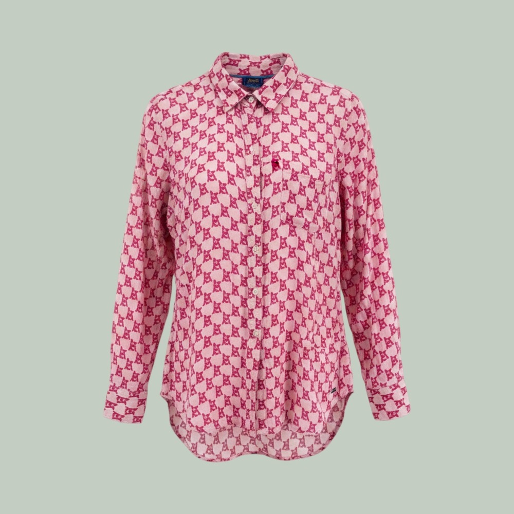 Frenchie Le TIGRE French Bulldog Dog AOP Button Up Shirt Pink MED 100% Cotton